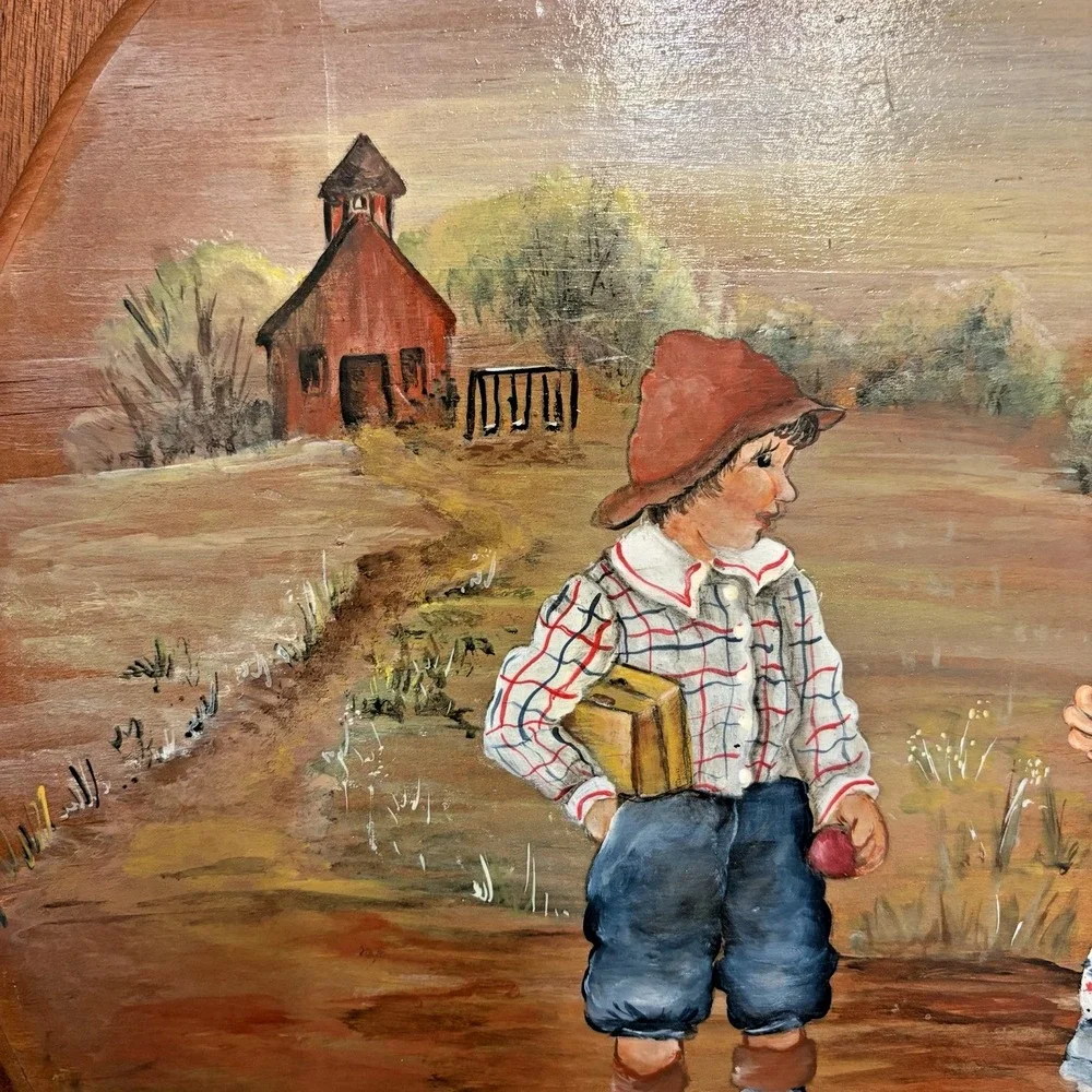Vintage Bert's Country Woods Hand Painted Wood Plaque Schoolyard Kids Happy Days